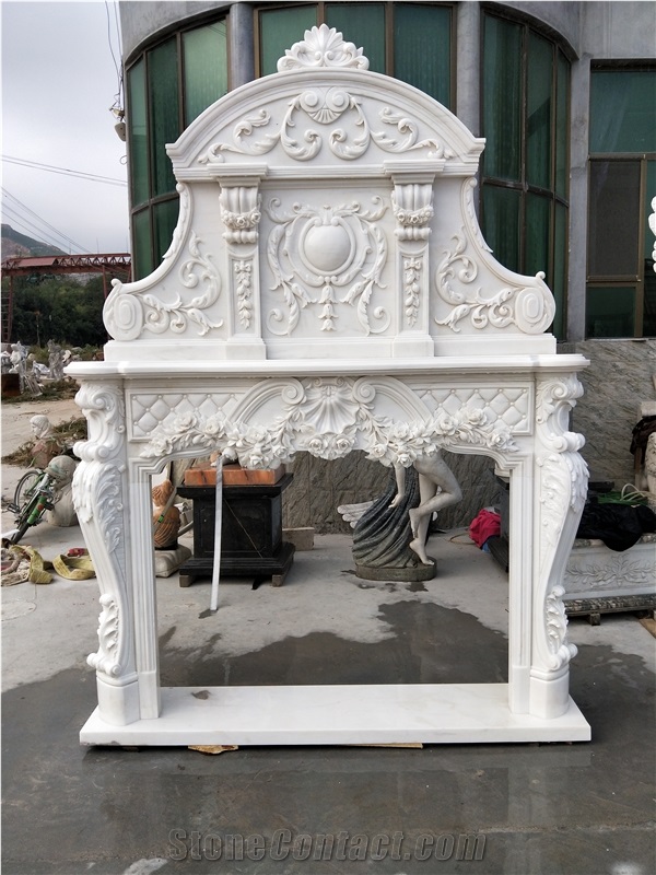 White Marble Masonry Fireplace Heaters Flower Sculptured