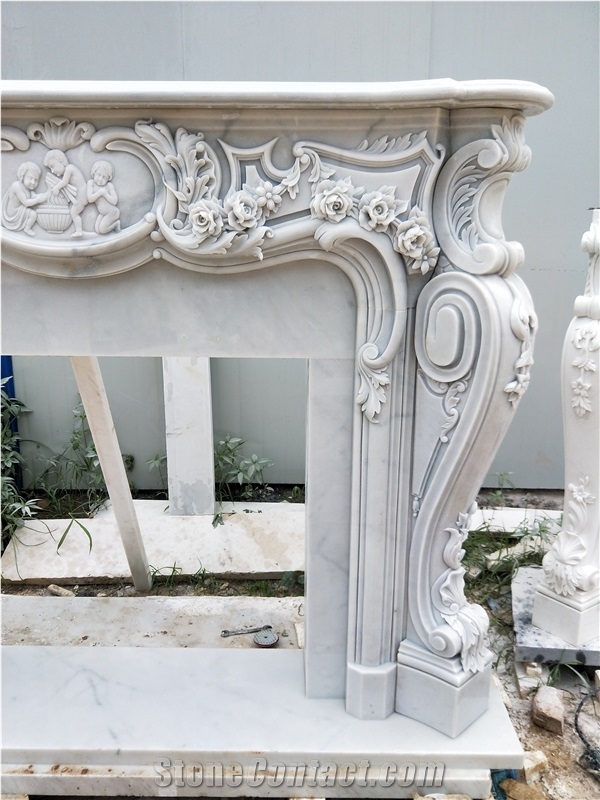 White Marble Masonry Fireplace Heaters Flower Sculptured