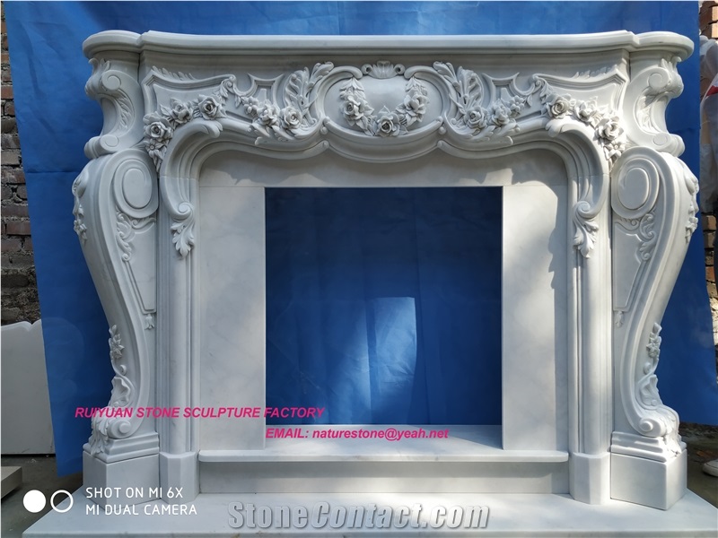 White Marble Masonry Fireplace Heaters Flower Sculptured