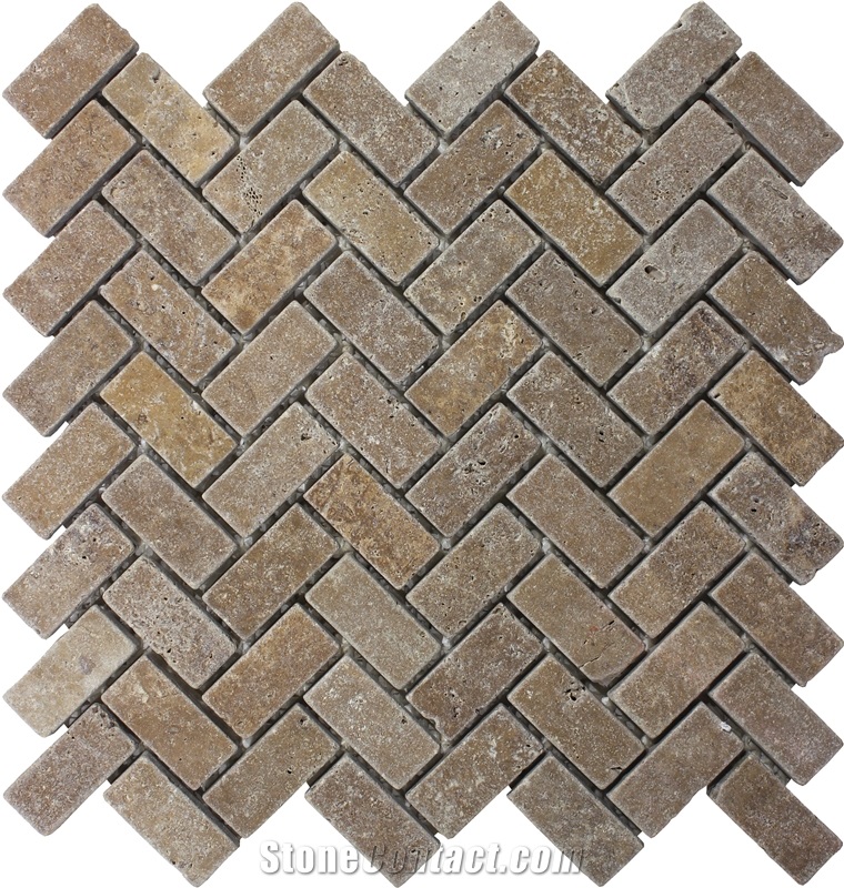 Noce Travertine Tumbled Herringbone Mosaic