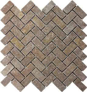 Noce Travertine Tumbled Herringbone Mosaic Noce Travertine Tumbled Herringbone Mosaic