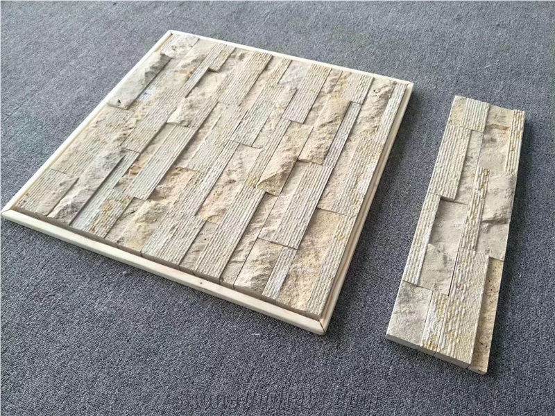 Beige Travertine Cladding Brick Stacked Stones