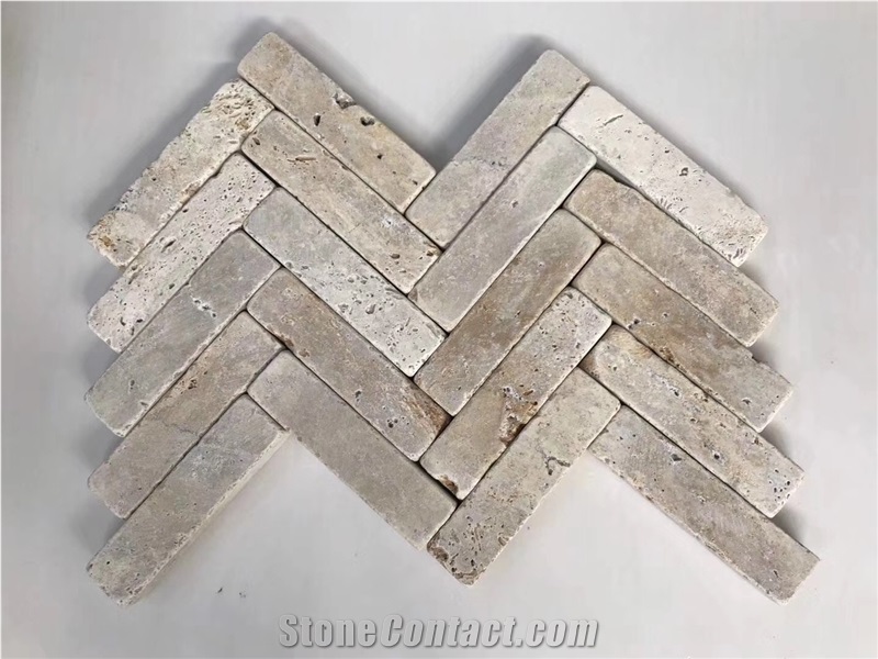 Beige Travertine Cladding Brick Stacked Stones