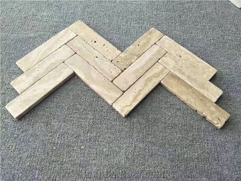 Beige Travertine Cladding Brick Stacked Stones