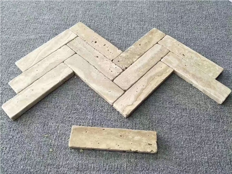 Beige Travertine Cladding Brick Stacked Stones