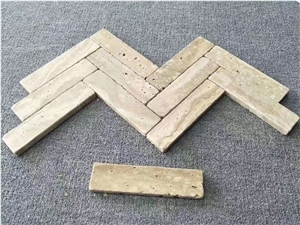 Beige Travertine Cladding Brick Stacked Stones
