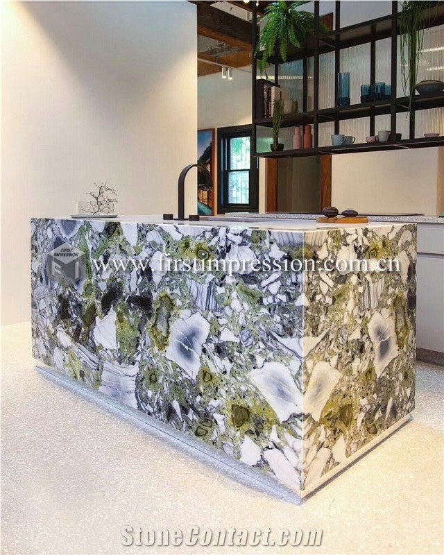 White Beauty Ice Connect Green Marble Counter Top