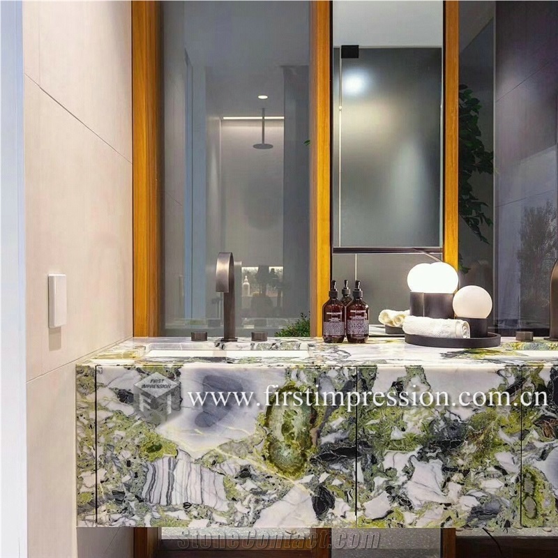 White Beauty Ice Connect Green Marble Counter Top