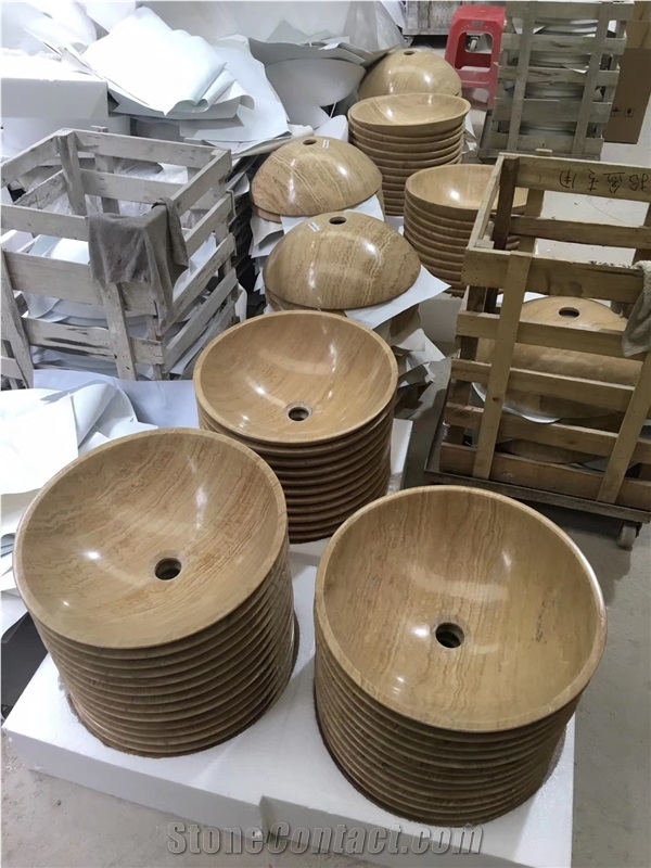 China Yellow Wood Marble Round Bathroom Basin Sink