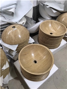 China Yellow Wood Marble Round Bathroom Basin Sink