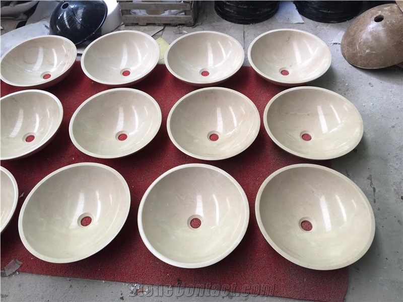 Cream Marfil Beige Marble Round Bowl Basin Sink