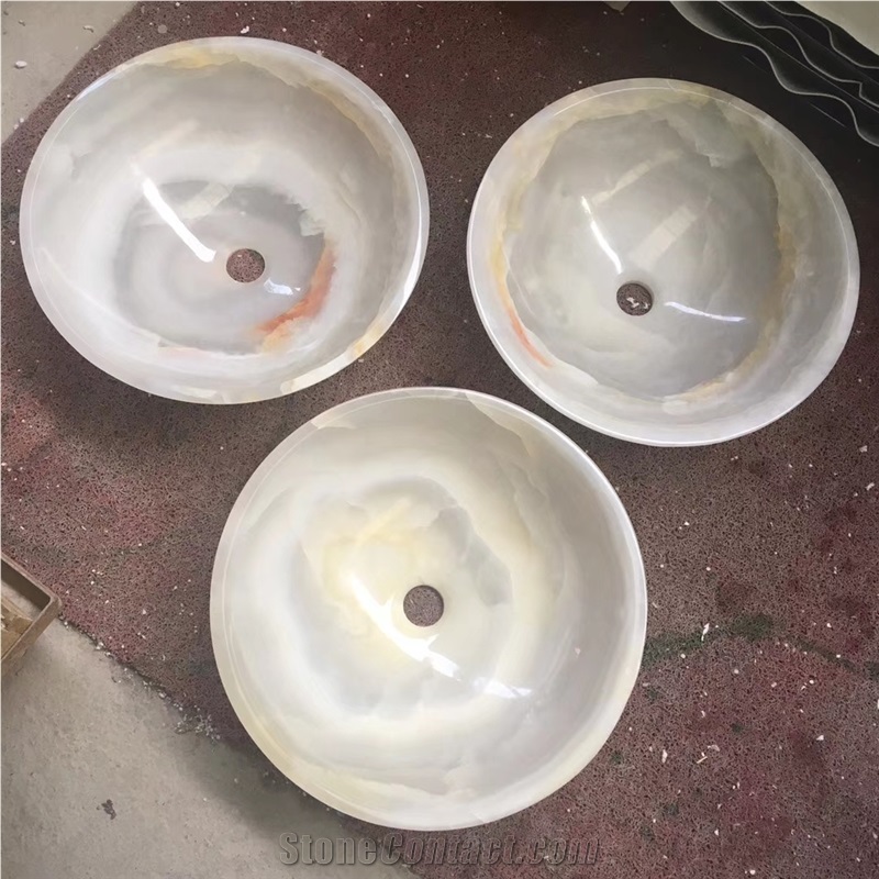 Onice Bianco White Onyx Stone Wash Basin Sink Bowl