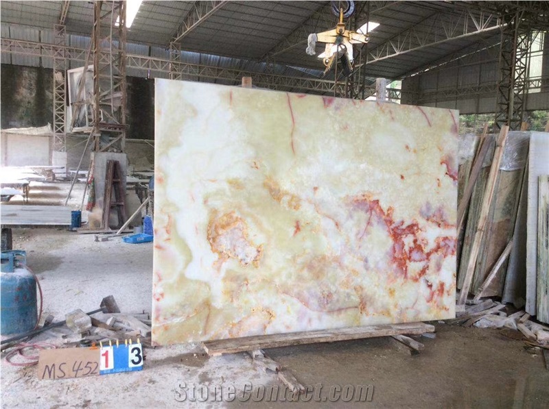 Red Flower Ice White Onyx Slab Wall Cladding Stone