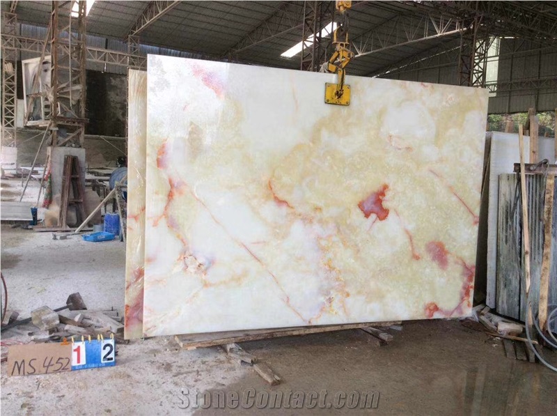 Red Flower Ice White Onyx Slab Wall Cladding Stone
