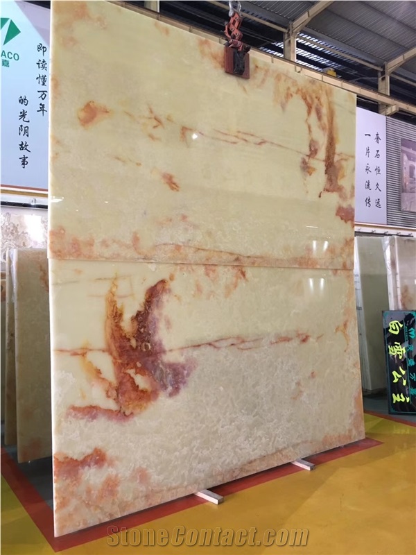 Red Flower Ice White Onyx Slab Wall Cladding Stone
