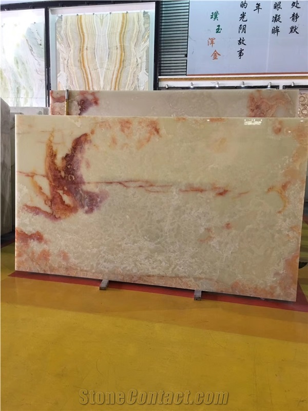 Red Flower Ice White Onyx Slab Wall Cladding Stone
