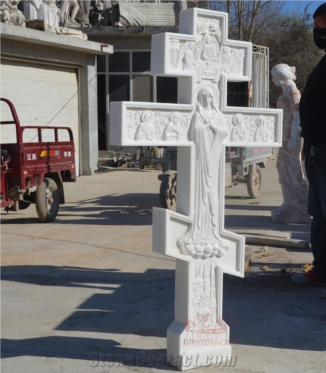 White Marble Stone Christian Cross Sculpture