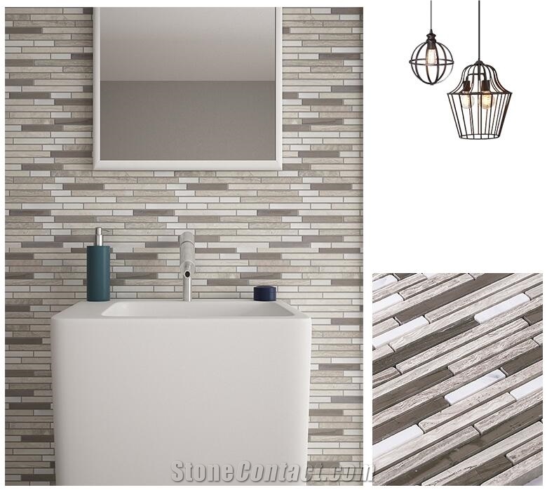 White Marble Tone Linear Strips Wall Floor Mosaic