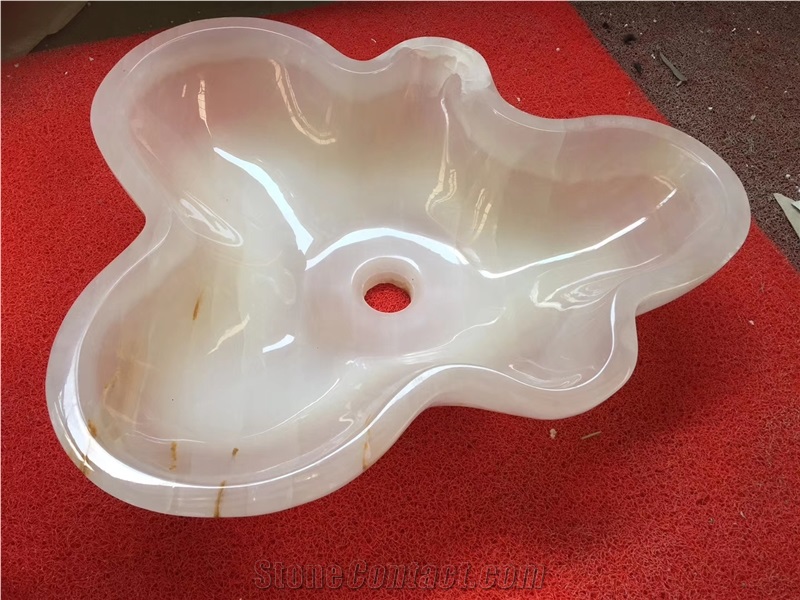 White Onyx Flower Shape Washroom Stone Basin Sink