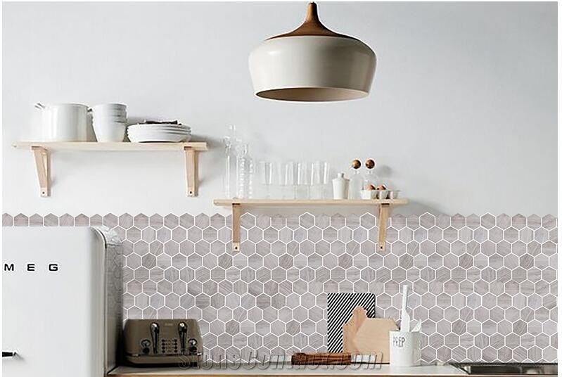 White Wooden Marble Stone Hexagon Mosaic for Wall
