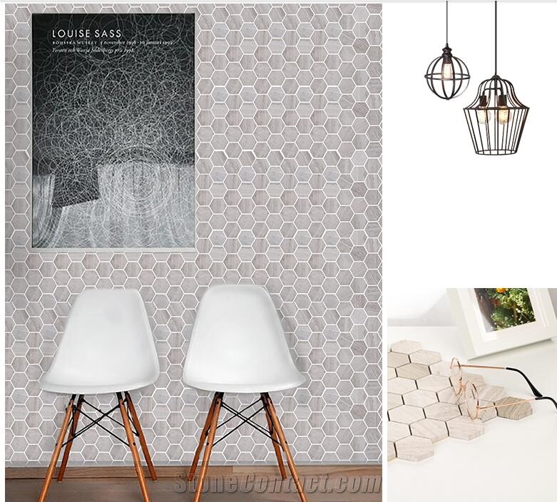 White Wooden Marble Stone Hexagon Mosaic for Wall