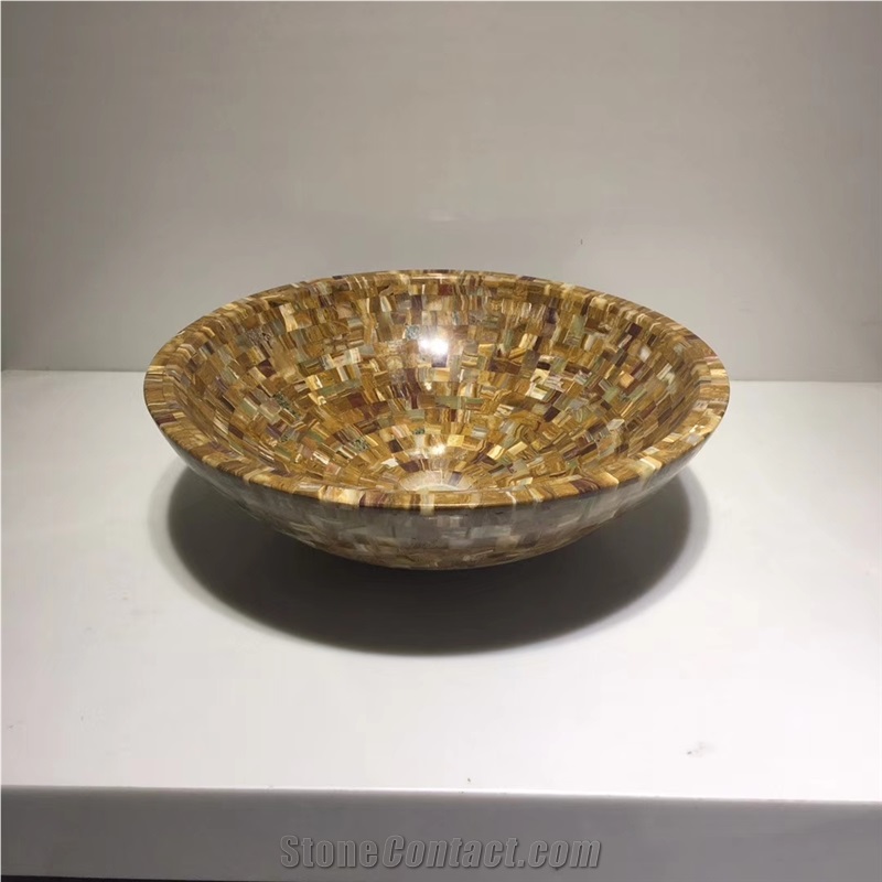 Yellow Marble Stone Mosaic Bathroom Round Basin