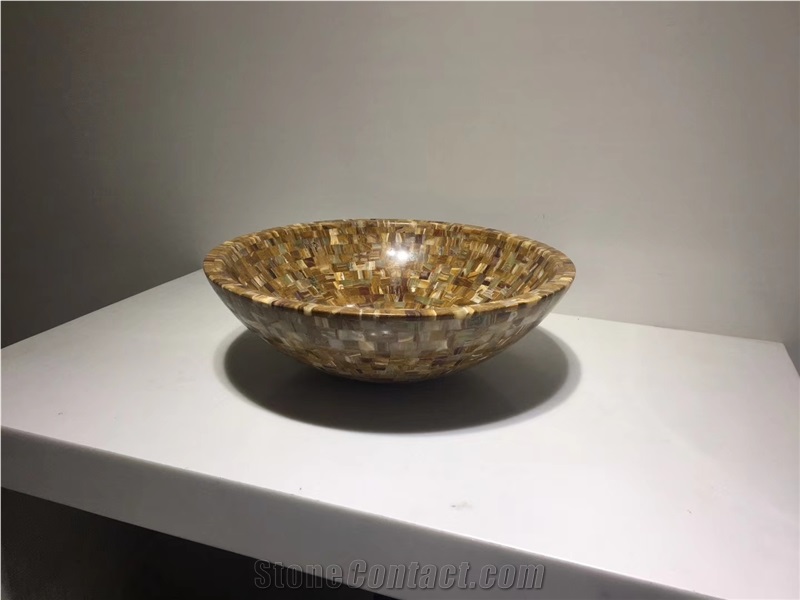 Yellow Marble Stone Mosaic Bathroom Round Basin