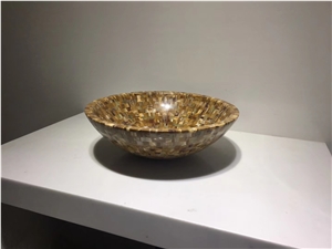 Yellow Marble Stone Mosaic Bathroom Round Basin