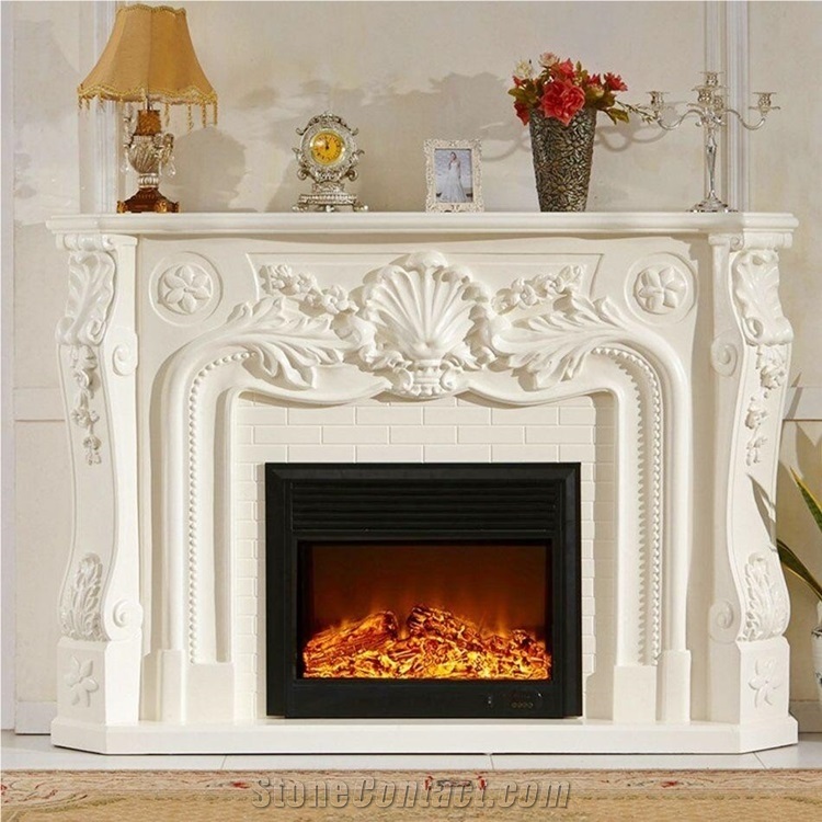 White Marble Fireplace Indoor Hand Carved Stone