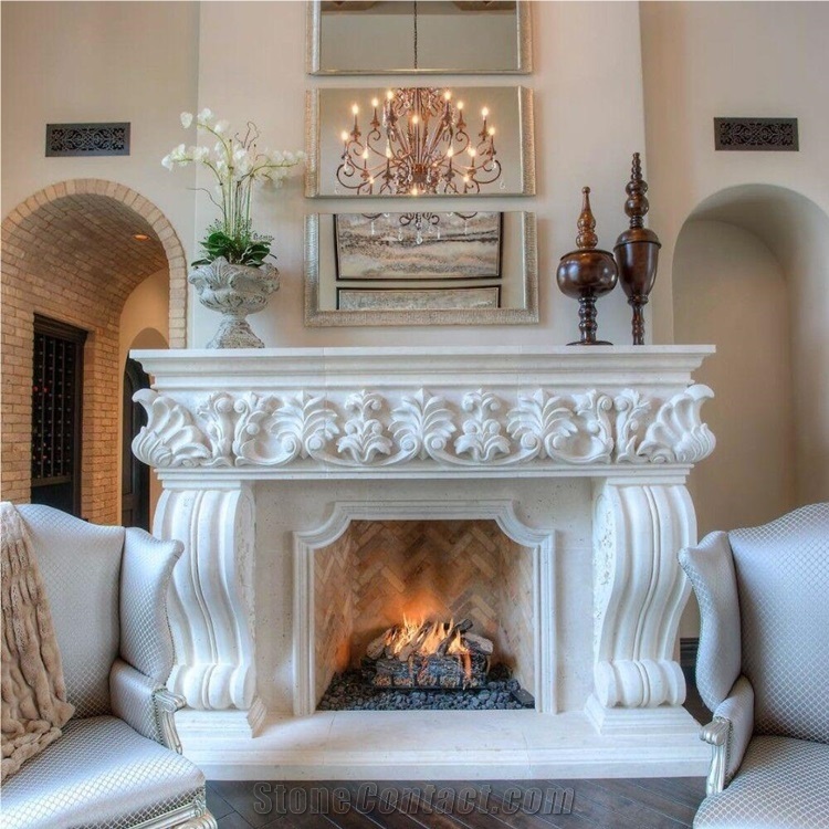 White Marble Fireplace Indoor Hand Carved Stone