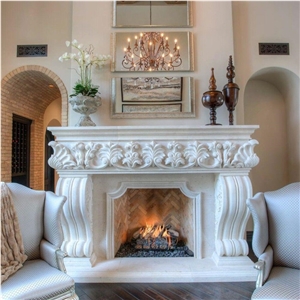White Marble Fireplace Indoor Hand Carved Stone