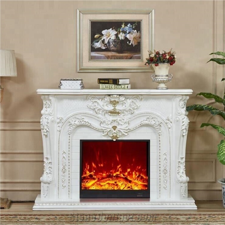 White Marble Fireplace Indoor Hand Carved Stone