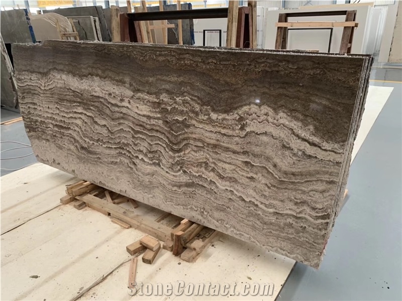 A Quality River Silver Travertine Slab High Glossy Vein Cut