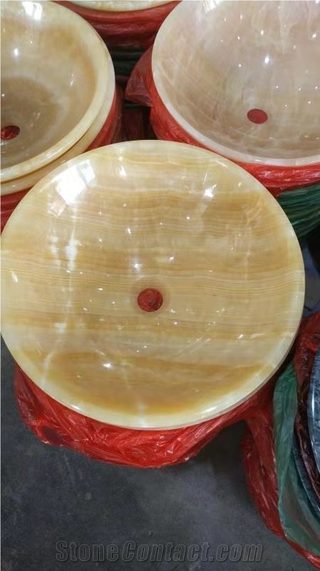 Honey Resin Yellow Onyx Round Sinks Stone Basin