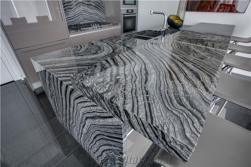 Black Wooden Marble Zebra Bookmatch Tiles Slab