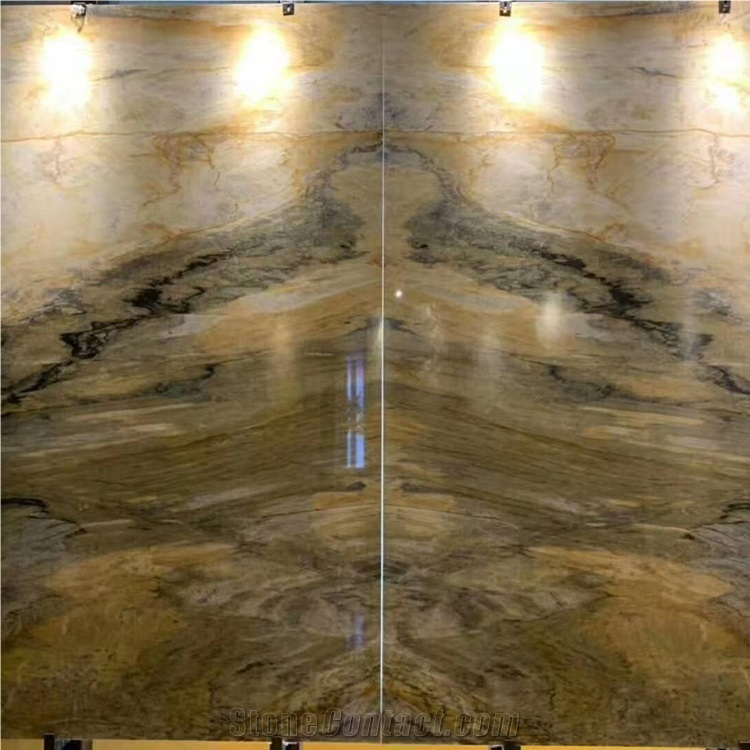 Golden Quartzite Bookmatched Stone Slab for Wall
