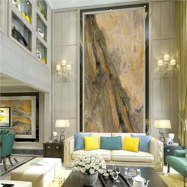 Golden Quartzite Bookmatched Stone Slab for Wall