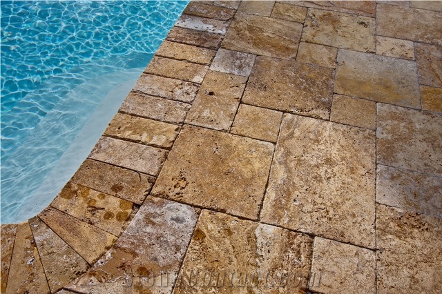 Sun Golden Travertine Cube Stone Castle Wall Rocks Exterior
