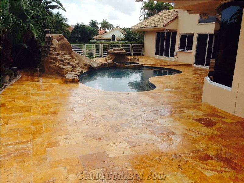 Sun Golden Travertine Cube Stone Castle Wall Rocks Exterior