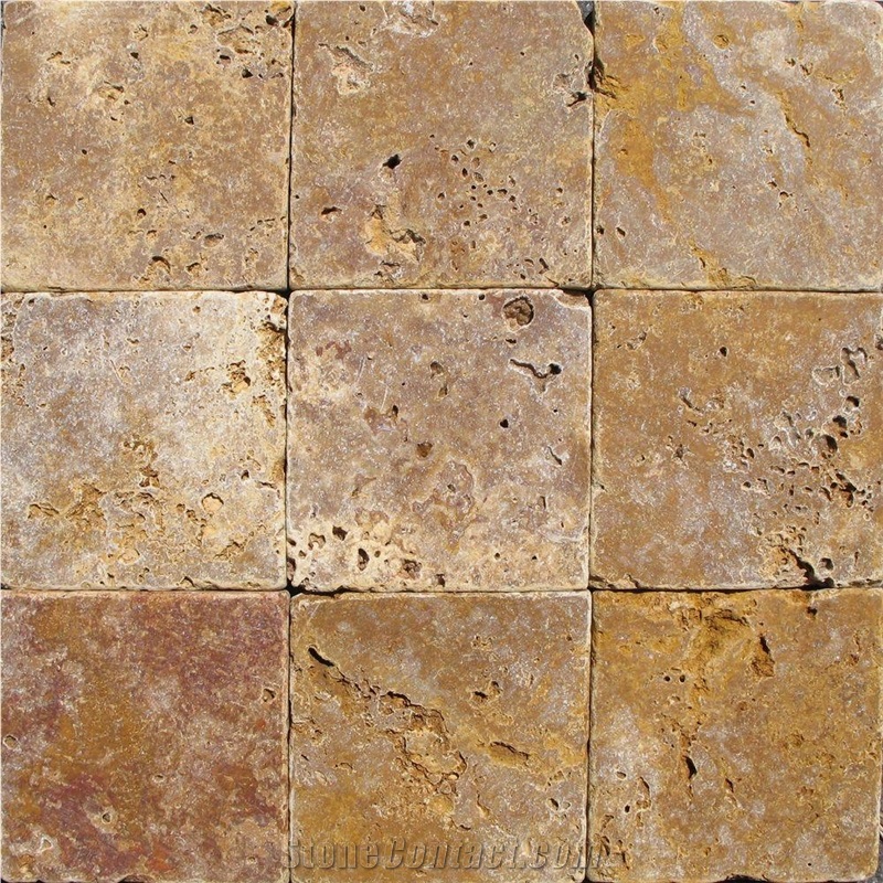 Unfilled Antique Style Tumbled Golden Travertine Cube Stone,Exterior Floor
