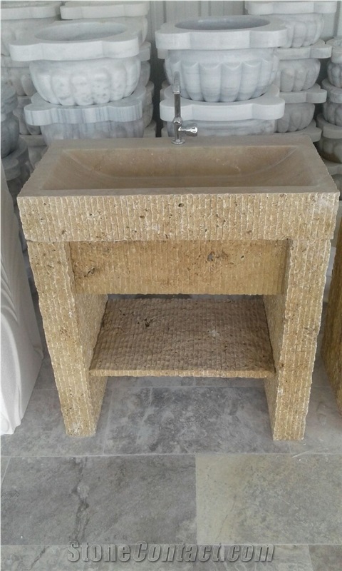 Noche Travertine Pedestal, Brown Travertine, Wash Basins