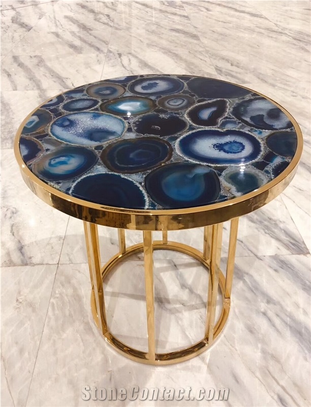 Blue Agate Gemstone Round Cafe Table Tops