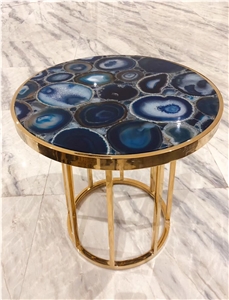 Blue Agate Gemstone Round Cafe Table Tops Blue Agate Gemstone Round Cafe Table Tops