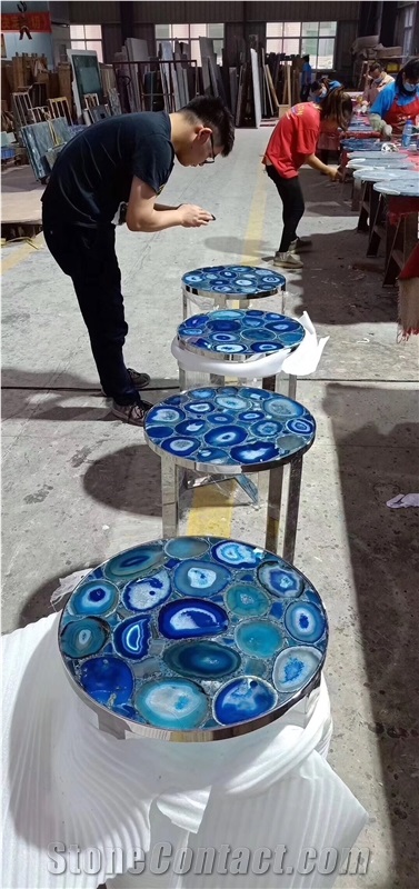 Blue Agate Gemstone Round Cafe Table Tops