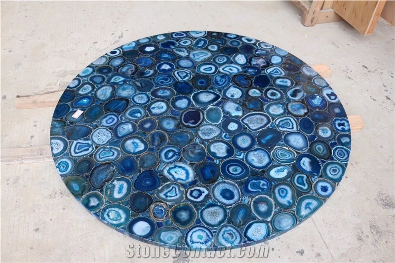 Blue Agate Gemstone Round Cafe Table Tops