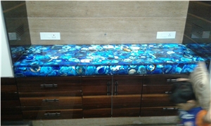 Blue Agate Gemstone Round Cafe Table Tops