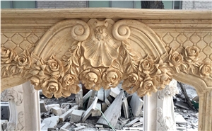 Hand-Carved Beige Marble Flower Carvings Fireplace