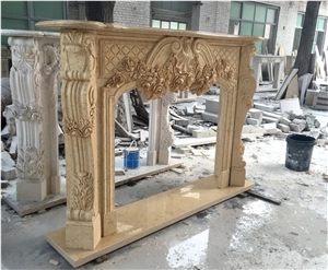 Hand-Carved Beige Marble Flower Carvings Fireplace