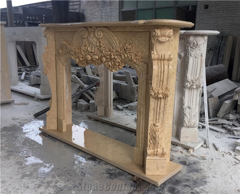 Hand-Carved Beige Marble Flower Carvings Fireplace