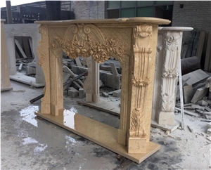 Hand-Carved Beige Marble Flower Carvings Fireplace